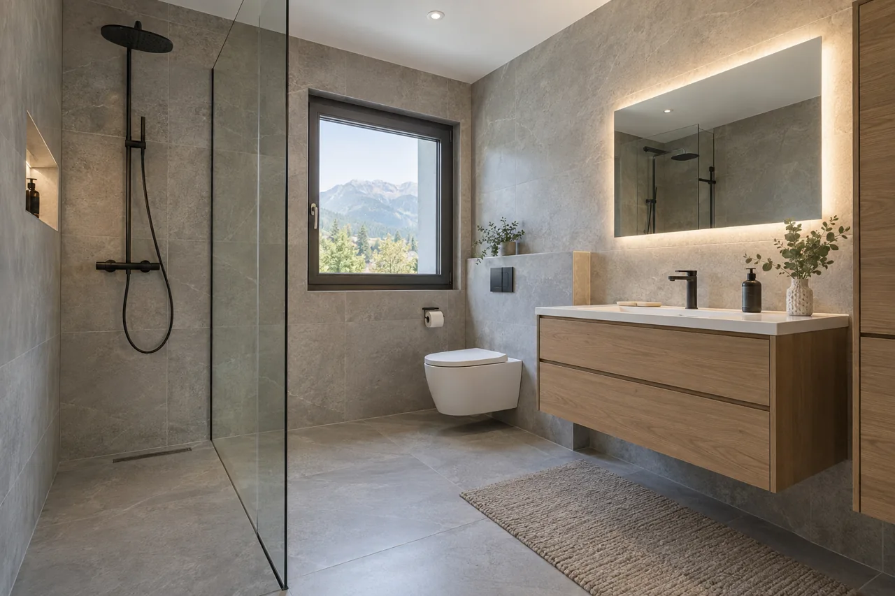 Illustration d’une salle de bain avec douche vitrée, meuble vasque en bois et vue sur les montagnes